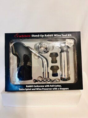 Rabbit Stand Up Wine Tool Kit-NWT-Gift Box Set-Black/Silver-Celebration-Drink